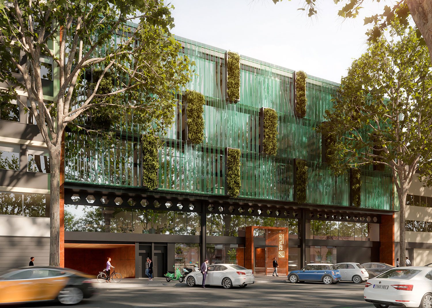 22 Palms office building in Barcelona with a green glass façade and planted balconies