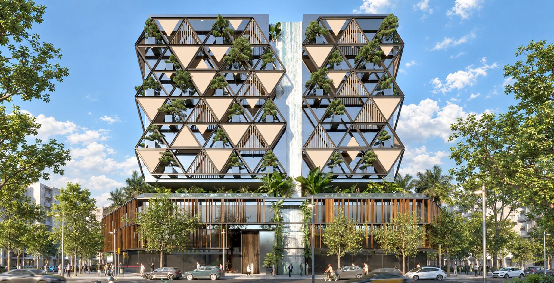 Bac de Roda tower with triangular planted façade