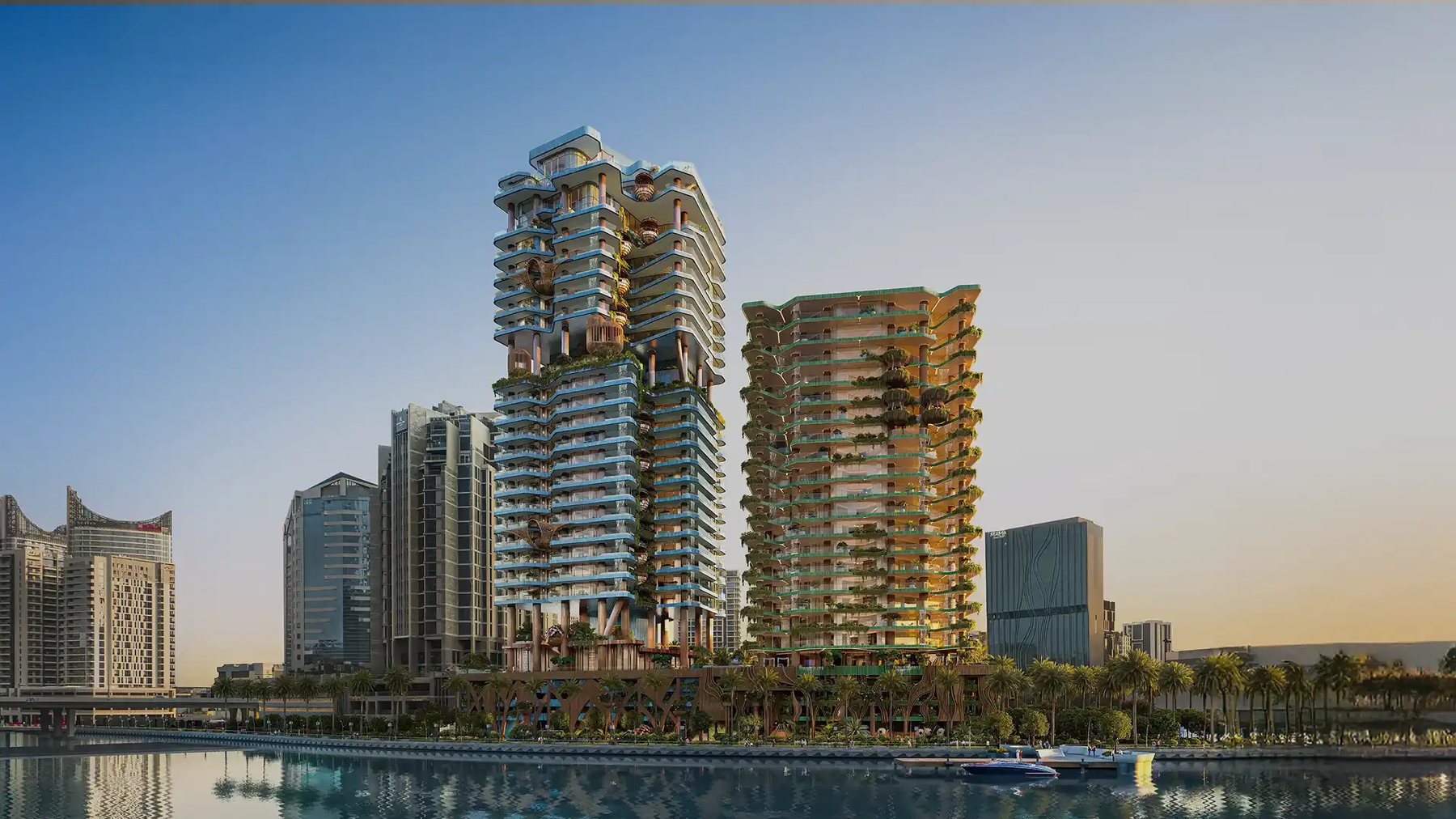 The two Eywa towers on the Dubai Water Canal, with the golden Tree of Life on the right