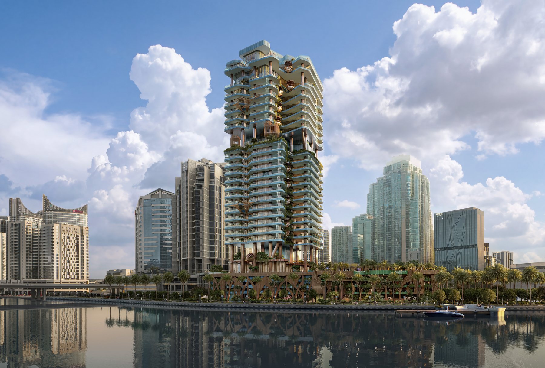 Eywa — The Way of Water tower rising over the Dubai Water Canal